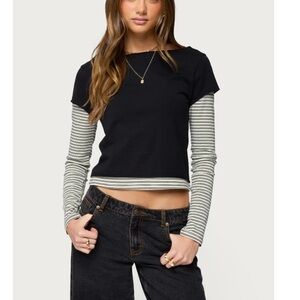 Edikted Black Top with Gray Striped Sleeves